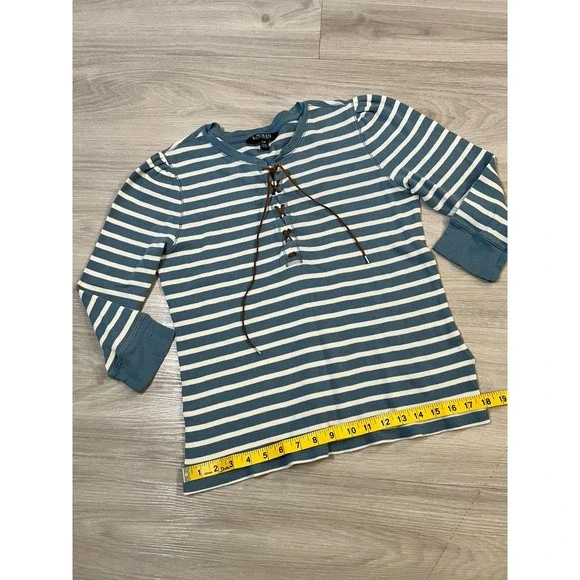 Lauren Ralph Lauren Women Top Striped Henley Long Sleeve Lace Up Blue White Sz L - Picture 10 of 14
